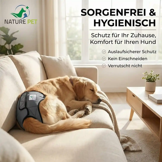 Hund liegt mit angelegter Läufigkeitshose von Nature Pet entspannt auf der Couch