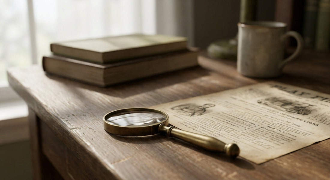 A magnifying glass placed over a document on a wooden desk, illuminated by soft natural light, symbolizing investigation and the search for authenticity.